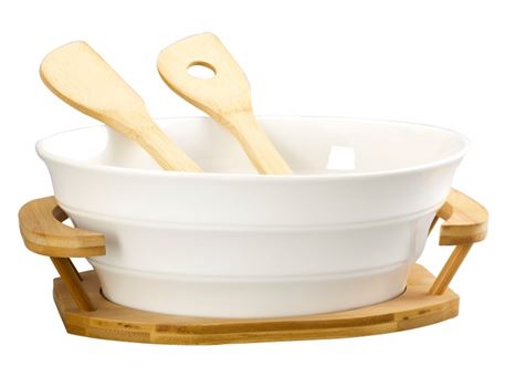 HT118E006-1 - Salad Bowl With Bamboo Tray And 2 Bamboo Forks