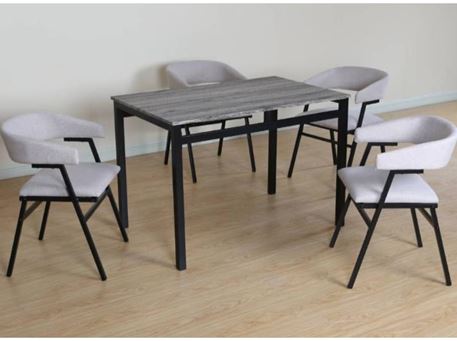 D03031 - Grey top dining table with beige fabric chairs.